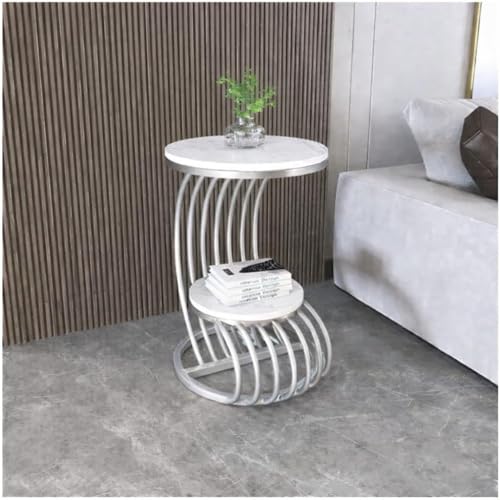 Image of Farmhouse Accent Coffee Table Simple Bedside Cabinet Small Round Table MDF Top Metal Table Living Room Sofa (Silver White)