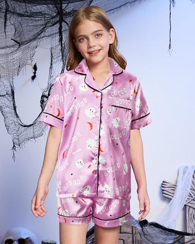 MyFav Girls Pajama Set Short Sleeve Button Down Silky Satin Girls PJS Kids Sleepwear Summer Nightwear Loungewear Set3