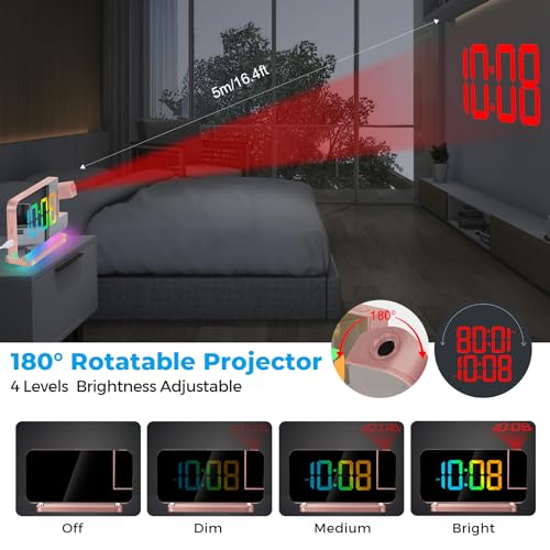 Projector Clock,7.4 in Digital Alarm Clocks Projection on Ceiling Wall,with RGB Night Light,USB C Charging Port,Auto Dimming,LED Mirror Clock for Teen Girl Adults Bedroom Decor - Rose Gold - Image 3