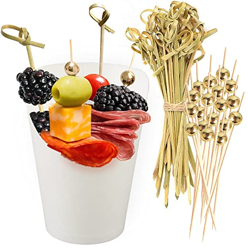 CUSINIUM 50pk 14oz White Charcuterie Cups with 200 Sticks (2 Types) - Wide Enlarged Top Cutout for Better Display - White Paper Charcuterie Board Cups Set