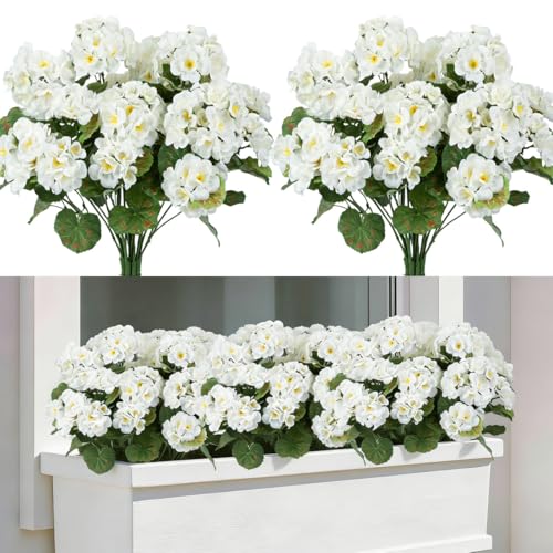 Laelfe 4 Bouquets Géranium Artificiel Blanc Extérieur, Faux Geranium Fausse Fleur Geraniums pour Extérieur, Intérieur, Balcon, Jardinière, Maison, Jardin,...