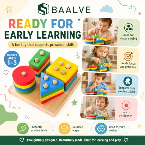 Image of Wooden Angle Geometric Stacker Shape Sorter Blocks,Educational Intelligence Early Learning Column Puzzle Stacking Toy Set for Todder Kids Boys & Girls (Pack of 1, Multicolour, 16 Pieces).