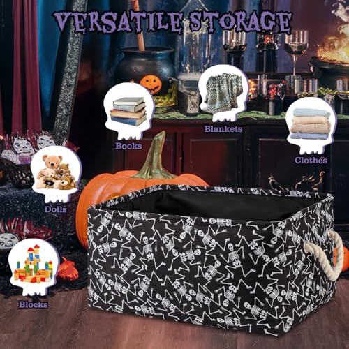 Image of Halloween Skeleton Basket Spooky Baskets, Collapsible Gift Basket Toy Storage with Handles Halloween Skeletons Stuffer Basket Large Storage Bins with Drawstring Closure Skeleton Decorations