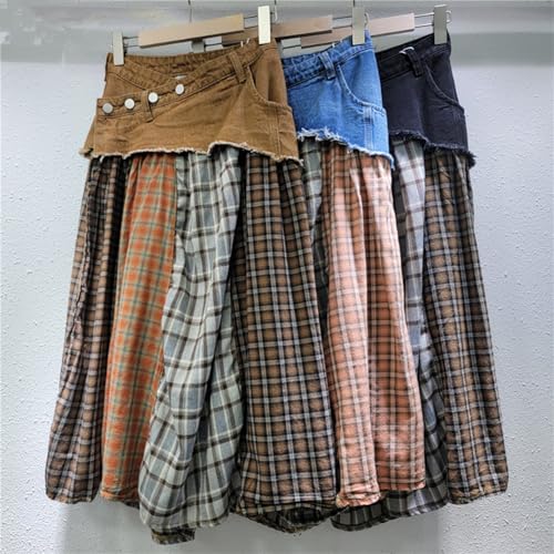 Women High Waisted Plaid Midi Skirts Patchwork Long Jeans Skirts2