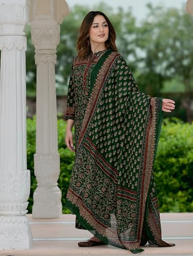Image of Arayna Women's Cotton Printed Kurta Set with Palazzo Pants and Dupatta | Ethnic Straight Kurta