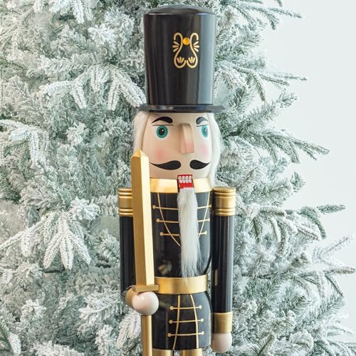 KI Store 4ft Christmas Nutcracker Black & Gold Wooden Soldier Nutcracker Figurine for Front Door, Christmas Tree, Mantel, Fireplace