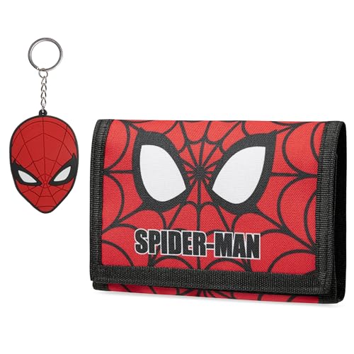 Marvel Carteira e chaveiro do Homem-Aranha com três dobras dos Vingadores com compartimento para cartões, porta-moedas, conjunto de presentes infantis, Homem-Aranha Vermelho, One Size, Carteira com