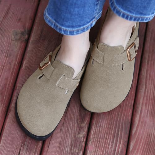 Image of Women's Suede Platform Clogs Leather Mules Slip On Indoor Outdoor Shoes | Arch Support, Cork Footbed, Adjustable Buckle,Water Resistant Upper,All Day Comfort