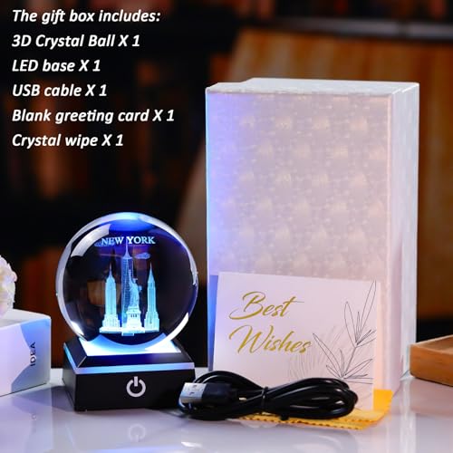 Image of 3D Crystal Ball New York City Snow Globe Statue of Liberty Souvenir Empire State Building Gifts for Women Men Adults with LED Base Night Light Decor Glass NYC Figurines Globe for Christmas