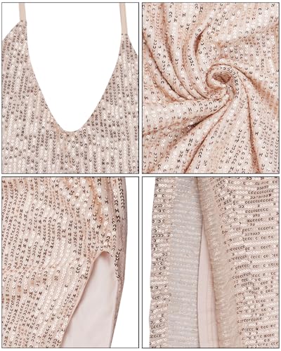 Image of BOLLEY JOSS Women's Sequins Midi Dress Sexy Back Slit Spaghetti Strap Bodycon Long Dress Summer Sparkly Party Dresses