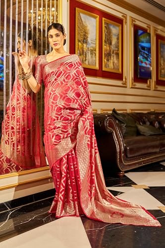 Image of SWORNOF Women's kanjivaram banarasi silk saree Zari Woven for festival Wedding silk with rich pallu Design sarees for women with Unstitched blouse piece