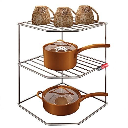 LIFE TIME Sturdy Stainless Steel Corner Shelf Rack for Plates, Bowls & Cups in Kitchen - Size (255 x 255 x 320 mm)