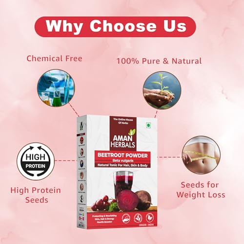 Image of AMAN HERBALS Beetroot Powder, Natural Tonic for Hair, Skin & Body, 100% Pure, Origin - India (150GM)