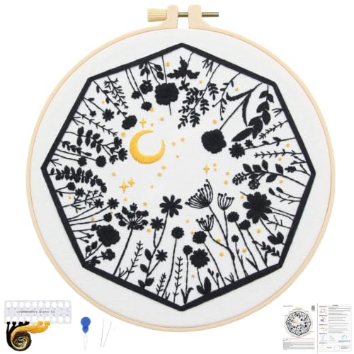 Image of Mystical Embroidery Kits for Beginners Adults, Moon Wild Flowers Embroidery Starter Kit, Floral Stamped Cross Stitch Kits Needlepoint Kits for Beginners Adults, Embroidery Hoop, Thread, Video Tutorial