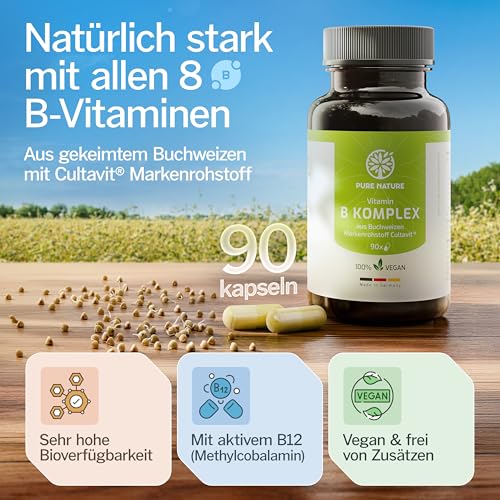 Vitamin B Komplex hochdosiert rein aus Buchweizen I 1000 mg Tagesdosis 8in1 B Vitamine I 90 Kapseln I Höchste Bioverfügbarkeit I Alle B-Vitamine I mit B12 Vitamin OHNE Zusätze