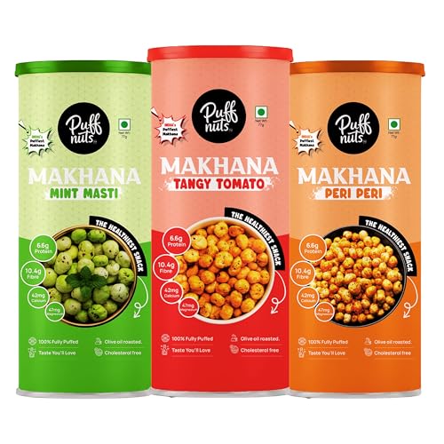 Image of Puffnuts COMBO Of 3 | Roasted and Flavoured Makhana | Healthy Snack | Namkeen | Puff Nuts | Gluten Free | Cholesterol Free | Protein Rich | Fiber Rich | With Calcium & Magnesium | Roasted in Olive Oil | Pack Of 3 x 77g (Mint Masti, Tangy Tomato, Peri Peri)