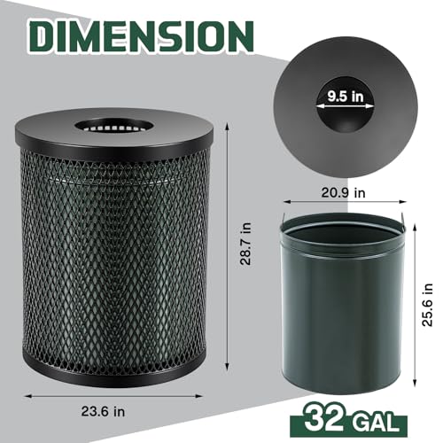 Reallnaive Outdoor Trash Can Commercial 32 Gallon Heavy Duty Metal Round Trash Receptacle Heavy Duty Steel Mesh Garbage Can Included Liner Wide Open Top Lid for Parks, Streets, Public Spaces, Black - Image 2