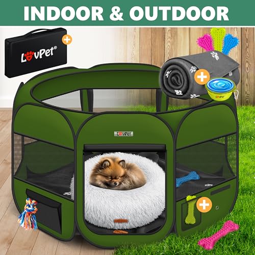 Lovpet® Welpenlaufstall Tierlaufstall Faltbar für Kleintiere Hunde, Katzen Inkl. Hundenapf und Fleece Decke Hundelaufstall Freigehege Oxfordgewebe Pop-up System Indoor & Outdoor, Khaki