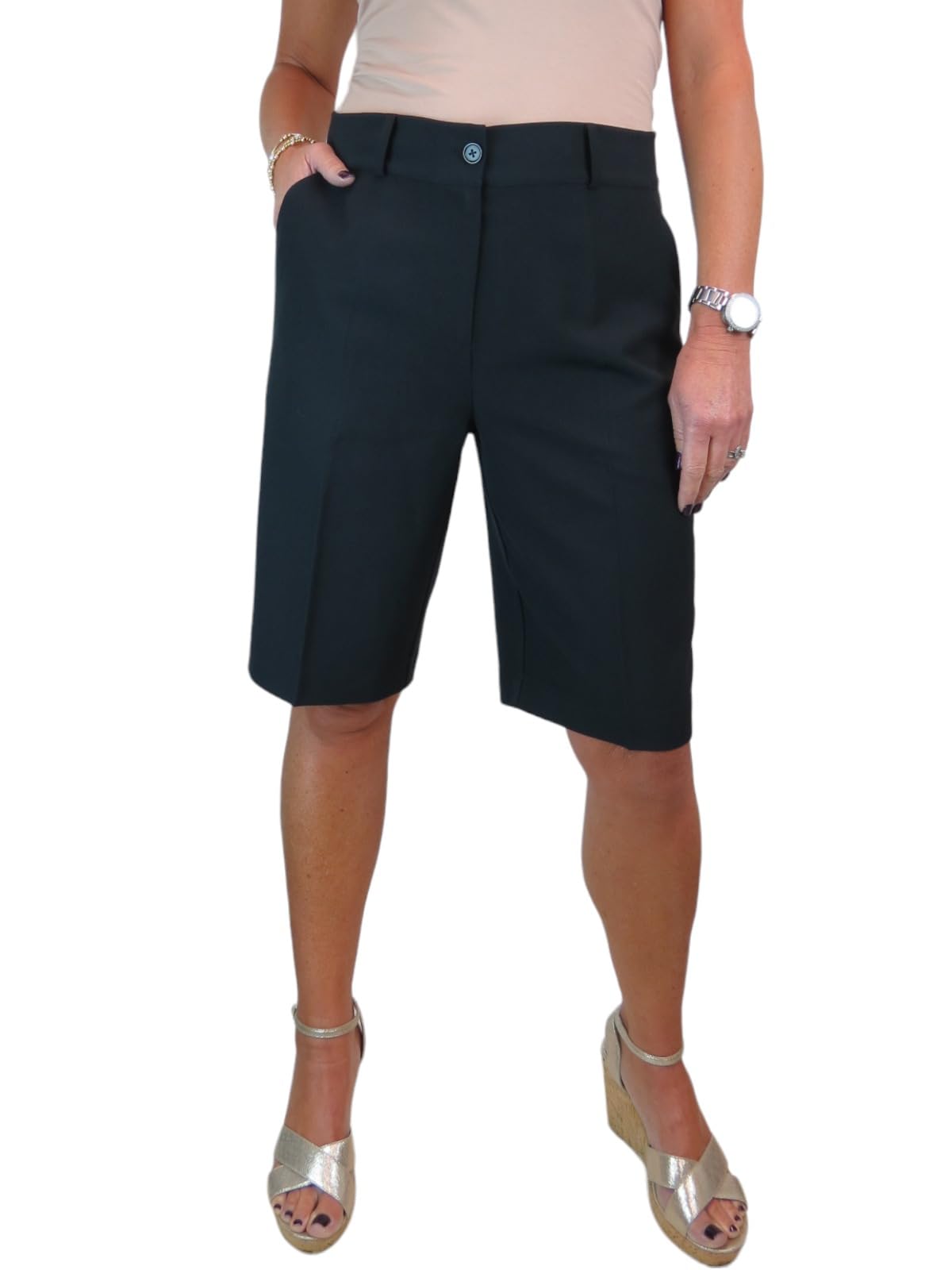 Ladies Smart Tailored Knee Length Bermuda Shorts Black 8-22 (8)