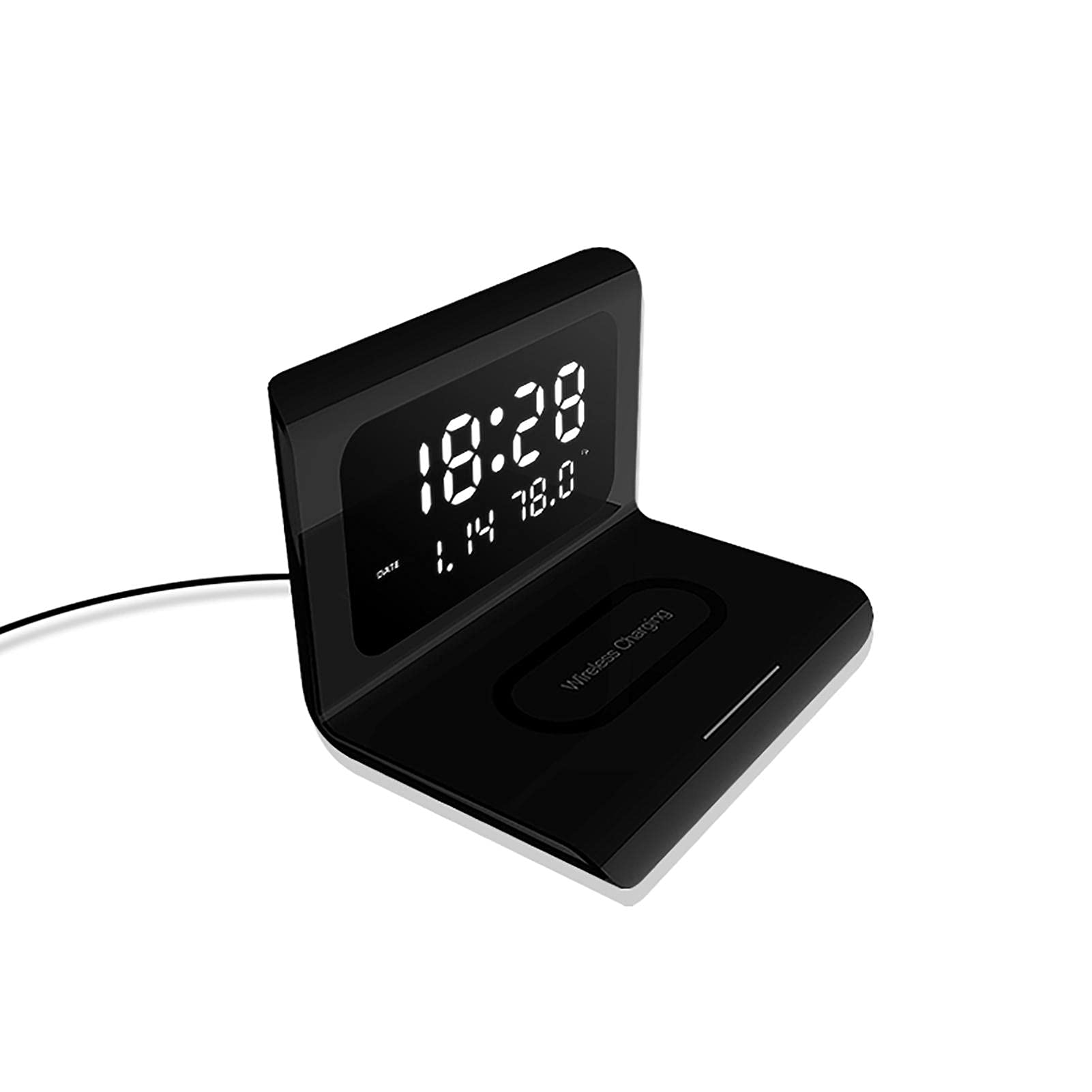 Wincal Black Alarm Clock Wireless Charger Led Display Digital Clock With Date Calendar Temperature For Home Large Led Display (Black)