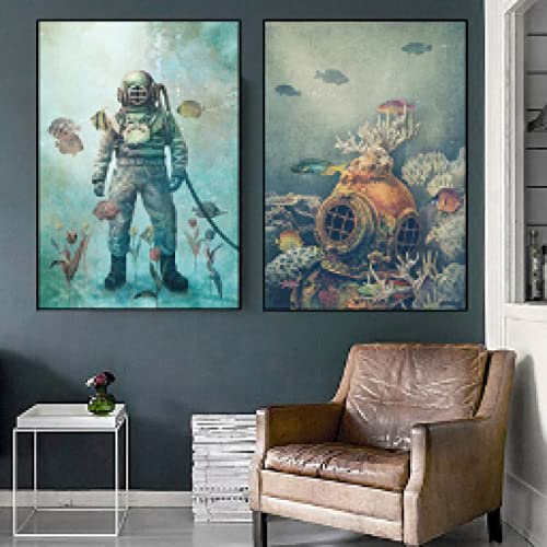 Affiche baleine et monde sous-marin : poster rétro vintage pour déco salon 40x50cm