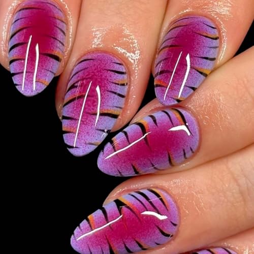 Image of Purple Press on Nails Glitter Fake Nails Medium Almond Glue on Nails Stripe False Nail with Design Glossy Full Cover Reusable Artificial Acrylic Stick on Nail for Women Manicure 24Pcs