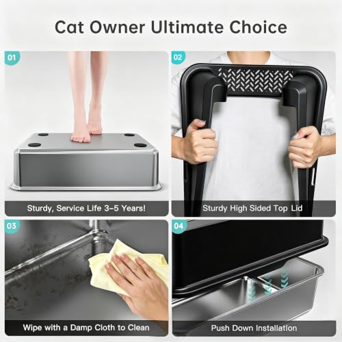 Image of WoofiGo Stainless Steel Cat Litter Box with Lid, XL Extra Large Metal Kitty Litter Box Enclosed for Big Cats, High Sided, Anti-Urine Leakage, Non-Stick Bottom, Include Litter Mat & Metal Scoop (Black)