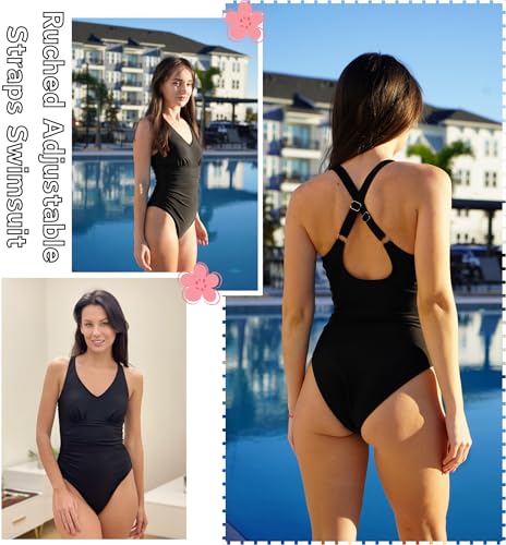 AI'MAGE Women's One Piece Swimsuit Tummy Control V Neck Ruched Bathing Suits Adjustable Straps Monokini Cross Back Swimwear3