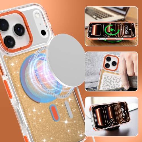 Image of Magnetic Case for iPhone 17 Pro Max [Compatible with Magsafe] [Bling Glitter Fluorescent Design] [1 Screen Protector] Slim Translucent Matte Case for iPhone 17 Pro Max 6.9 inch 2025, Orange