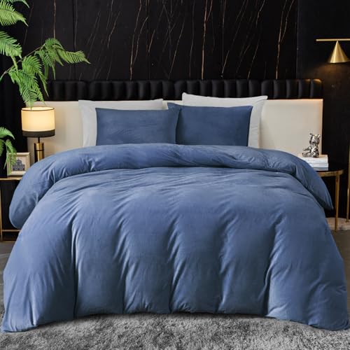 Ivellow Velvet Duvet Cover King Set Blue Comforter Cover 3Pcs Ultra Soft Cover Breathable Solid Luxury Flannel Velour Duvet Cover Zipper Closure Corner Tie