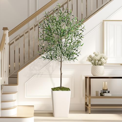 Olive Trees Artificial Indoor 6ft, Tall Faux Silk Plant with Pot, Realistic Leaves and Natural Wood Trunk Fake Trees with Lifelike Fruits for Home Office Decor Bedroom Livingroom Entryway Housewarming