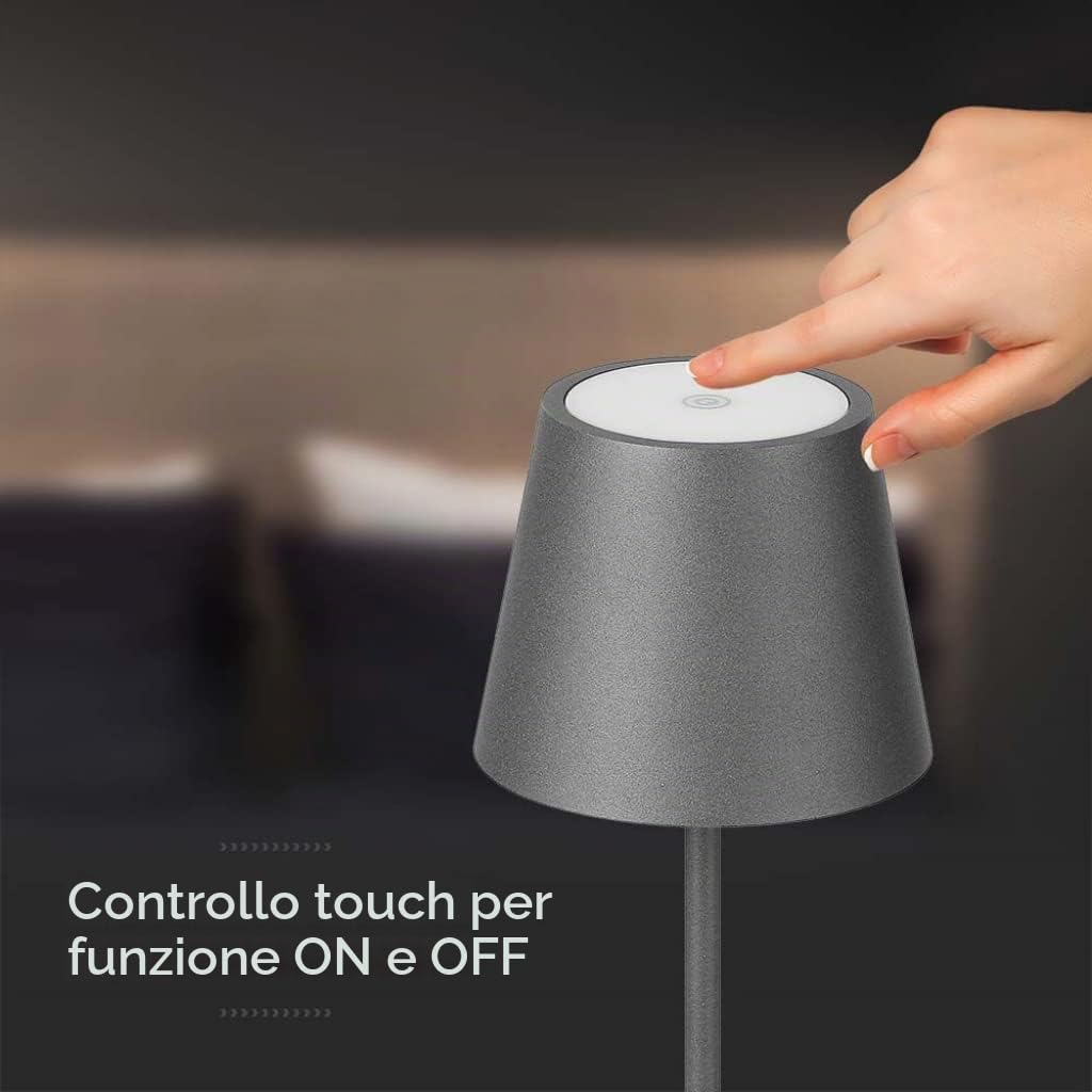 V-TAC Lampada da Tavolo senza Fili LED Dimmerabile in Alluminio – Lampada Grigia Wireless per Uso Interno ed Esterno IP54 da Casa o Ristorante – Design Elegante – Luce Bianca Calda