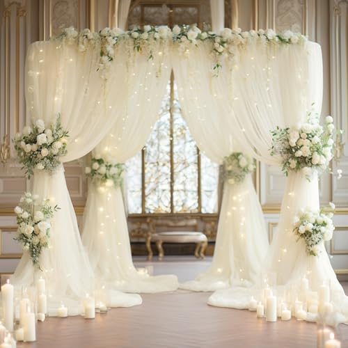 10x10ft Ivory Tulle Backdrop Curtain with Lights String for Parites, Sheer Photo Backdrop Curtains with Lights for Wedding Backdrop Ceremony Reception Bridal Shower Baby Shower Birthday Party