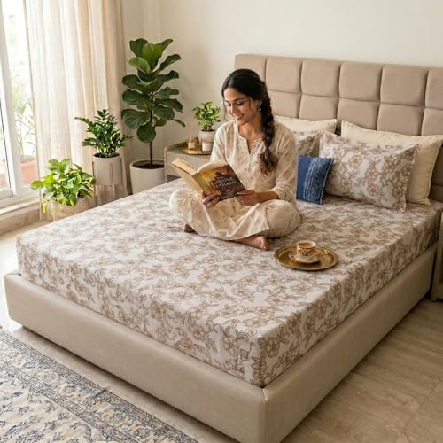 Image of Mafatlal 186 TC Grace Pure Cotton Double Size Bedsheet | 90 x 100 Inch | Soft Breathable Cotton Bed Sheet Set with 2 Pillow Covers | Honey Gold
