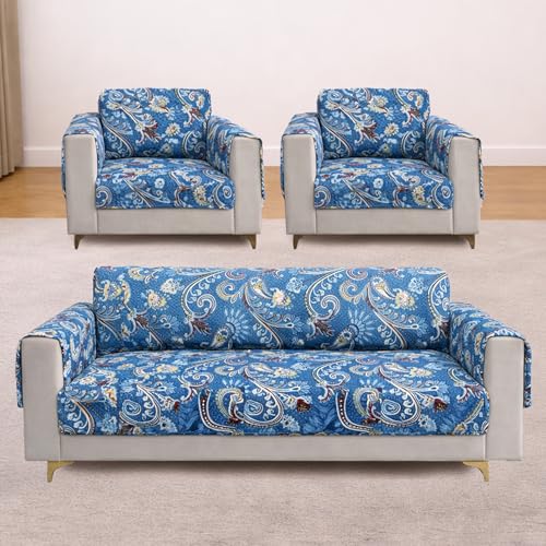 Image of Homerz Premium 5(3+1+1) Seater Quilted Reversible Sofa Cover Mat with Pocket Arms | Polyester Blend 350 GSM Full Coverage & Back Belt for Stability (Floraya, 5(3+1+1) Seater)