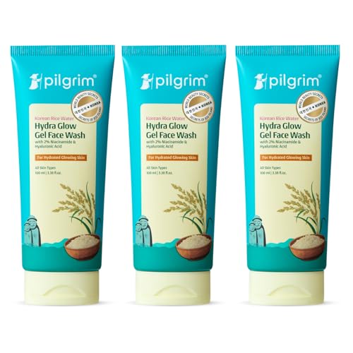 Image of Pilgrim Korean Rice Water Hydra Glow Gel Face Wash for Hydrated Glowing Skin | With 2 % Niacinamide for Dark Spots, Hyaluronic Acid for Deep Hydration | Gentle Cleanse | For All Skin Type | 50 ml (Pack of 3)