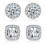 18K White Gold Plated Round Square Cubic Zirconia Simulated Diamond Halo Stud Earrings