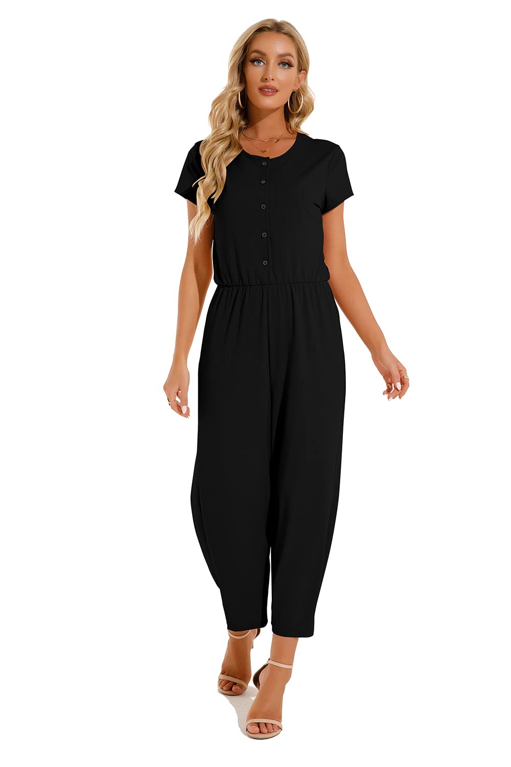 Cassiecy Jumpsuit Damen Elegant Kurzarm Playsuit V-Ausschnitt Casual Lose Overalls Lang Romper