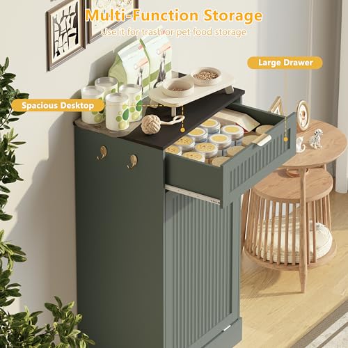 Image of Single 13 Gallon Tilt Out Trash Can Cabinet,Garbage Cabinet with Drawer | Hidden Garbage Storage with Fluted Design, Drawer & Hooks for Kitchen, Dining Room and Small Space Organization,Green