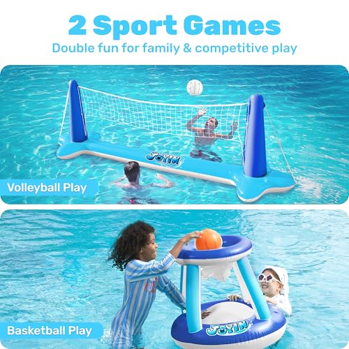 Image of JOYIN Inflatable Volleyball Net & Basketball Hoops Pool Float Set; Balls Included for Kids /Adults, Summing Pool Game, Floating, Summer Floaties, Volleyball Court |Basketball,L-Dark Blue