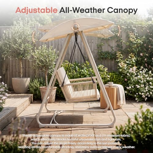 Image of Patio Swing with Adjustable Canopy, Single Seat Khaki | Heavy-duty triangular steel stand frame,Weather-resistant materials for outdoor use, backyard, porch, patio, garden, and lawn