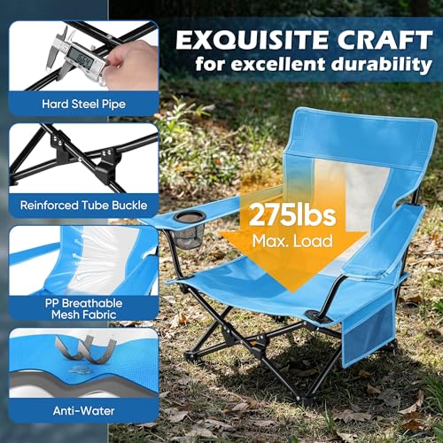 Image of HaSteeL Low Beach Chair Set of 2, Foldable Blue Camping Chair with Adjustable Umbrella Set for Adults, Lightweight Portable Lawn Chairs for Fishing, Picnic, Outdoor BBQ, Travel, Sports