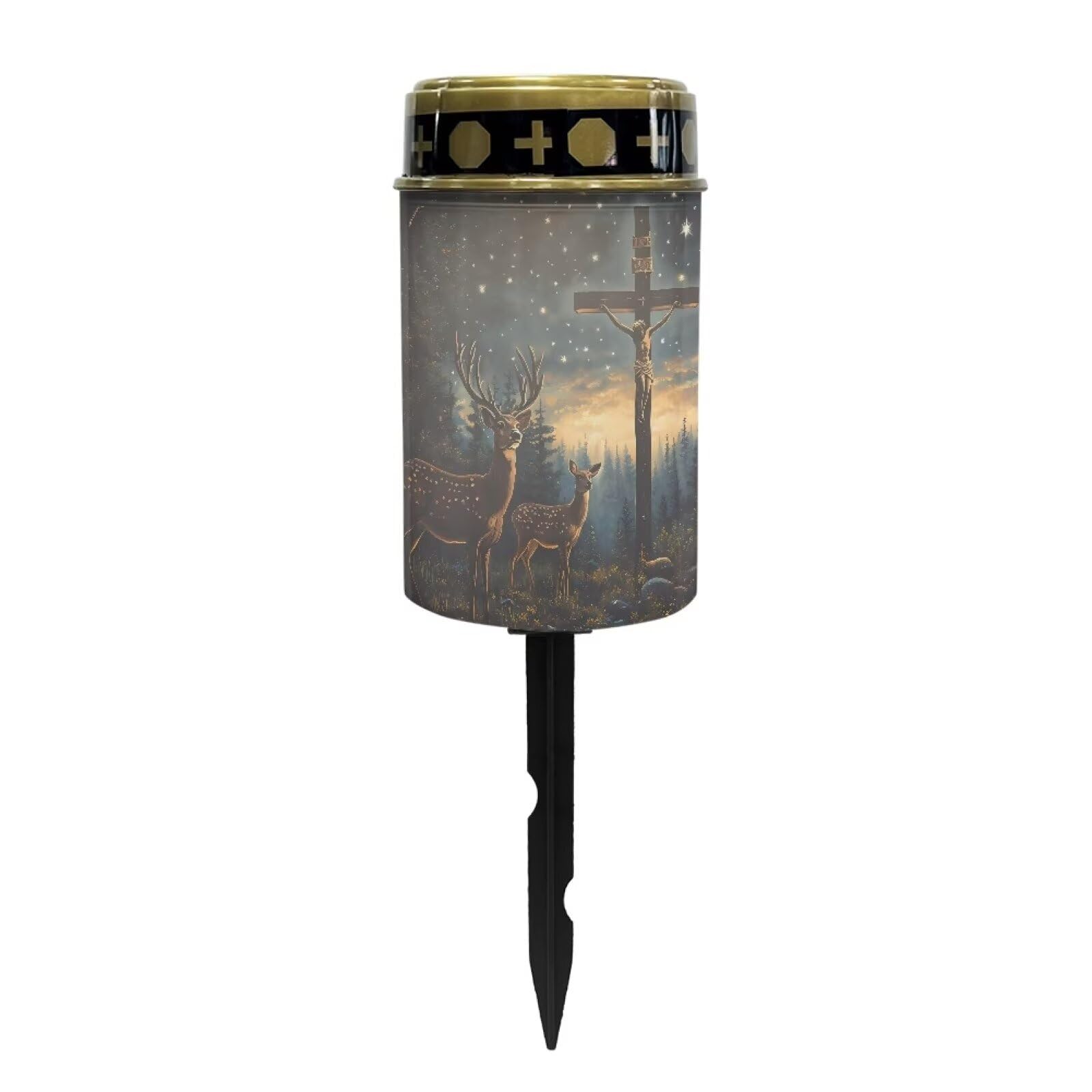 Poceacles Cross Solar Lights Outdoor Waterproof for Grave Decorations Fake LED Flameless Candles Outdoor Solar Lights Solar Lamp for Cemetery Pathway Lawn Yard, Deer Cross Starry Sky