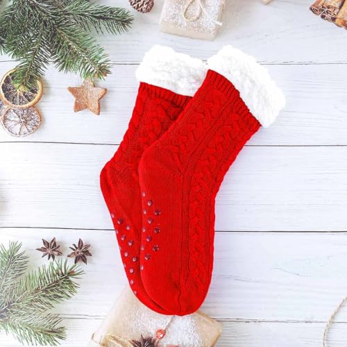 Image of Winter Warm Slipper Socks Non Slip House Socks Red Fuzzy Christmas Socks for Women