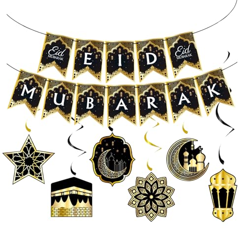 Eid Ramadan Mubarak Banner Foil Hanging Swirl Streams Ceiling Decor