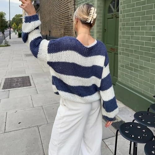 Women Y2K Striped Oversized Sweater Crewneck Long Sleeve Vintage Aesthetic Knit Pullover Tops Teens Cute Preppy Sweater4