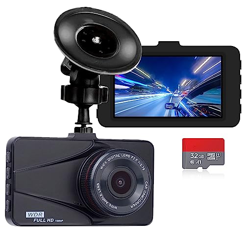 Dash Cam, Lcsiuco Dash Camera for Cars 1080P Full HD, Dashcam with Night Vision, 170° Wide Dashboard Camera with 3-inch LCD Display, Parking Mode, G-Sensor, Loop Recording, WDR, 32GB Micro SD Card
