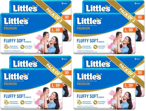 Image of Little's Premium Baby Diapers L Size (Large) Pants Style | 9-14 kg | 60 Count | FluffySoft Baby Diaper with Leakage Guard, Wetness Indicator & 12 Hours Absorption | (30 Count, Pack of 8)