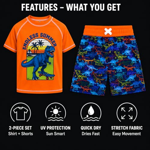 Image of Quad Seven Boys 2-Piece Rash Guard Swimsuit Set Short-Sleeve (Sizes 5-12) | Lightweight Quick-Dry Fabric with Sun Protection, Matching Top & Trunks, Adjustable Drawstring Waist for Pool or Beach Days