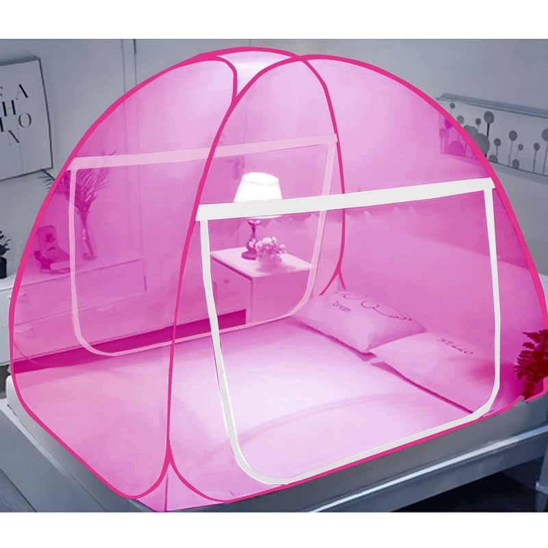 Image of Foldable King Size Mosquito Net | Double Bed Machardani | Durable 30 GSM Polyester Fabric Net Doubell Bed-NEW-2026 Edition (Full Pink)